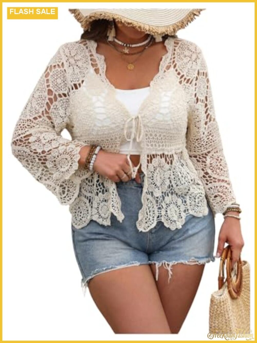 Plus Size Boho Crochet Knit Cardigan Sheer V-Neck Long Sleeve